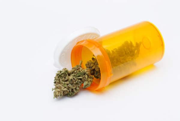 weed in a pill bottle isolated on white, mental health disorders and medical marijuana