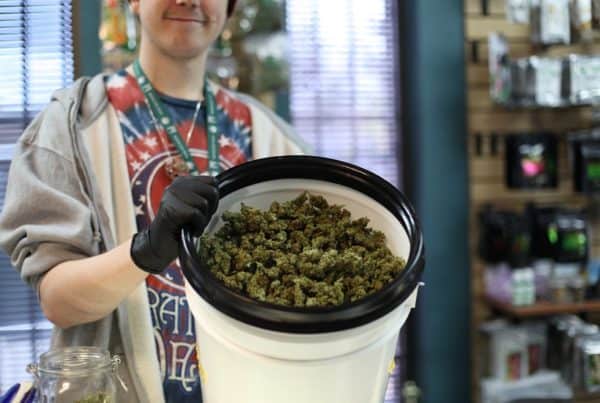 Budtender Tipping and Is It Necessary? Man holding bucket of bud.