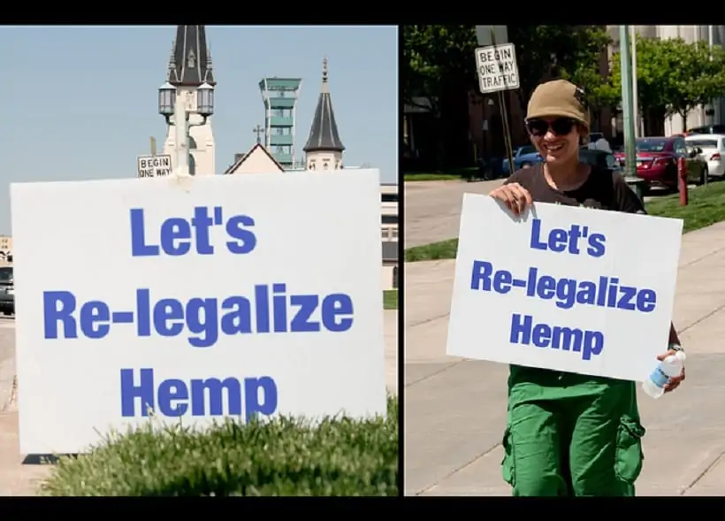 States That Newly Voted For Hemp. Man holding Let's re-legalize hemp sign.