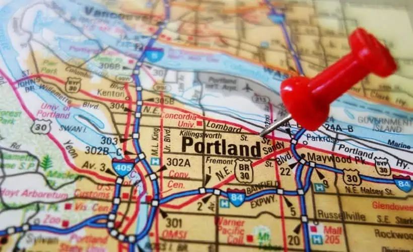 Why Portland Is One Of The Best Marijuana Cities. Map of Portland with thumbtack on Portland.