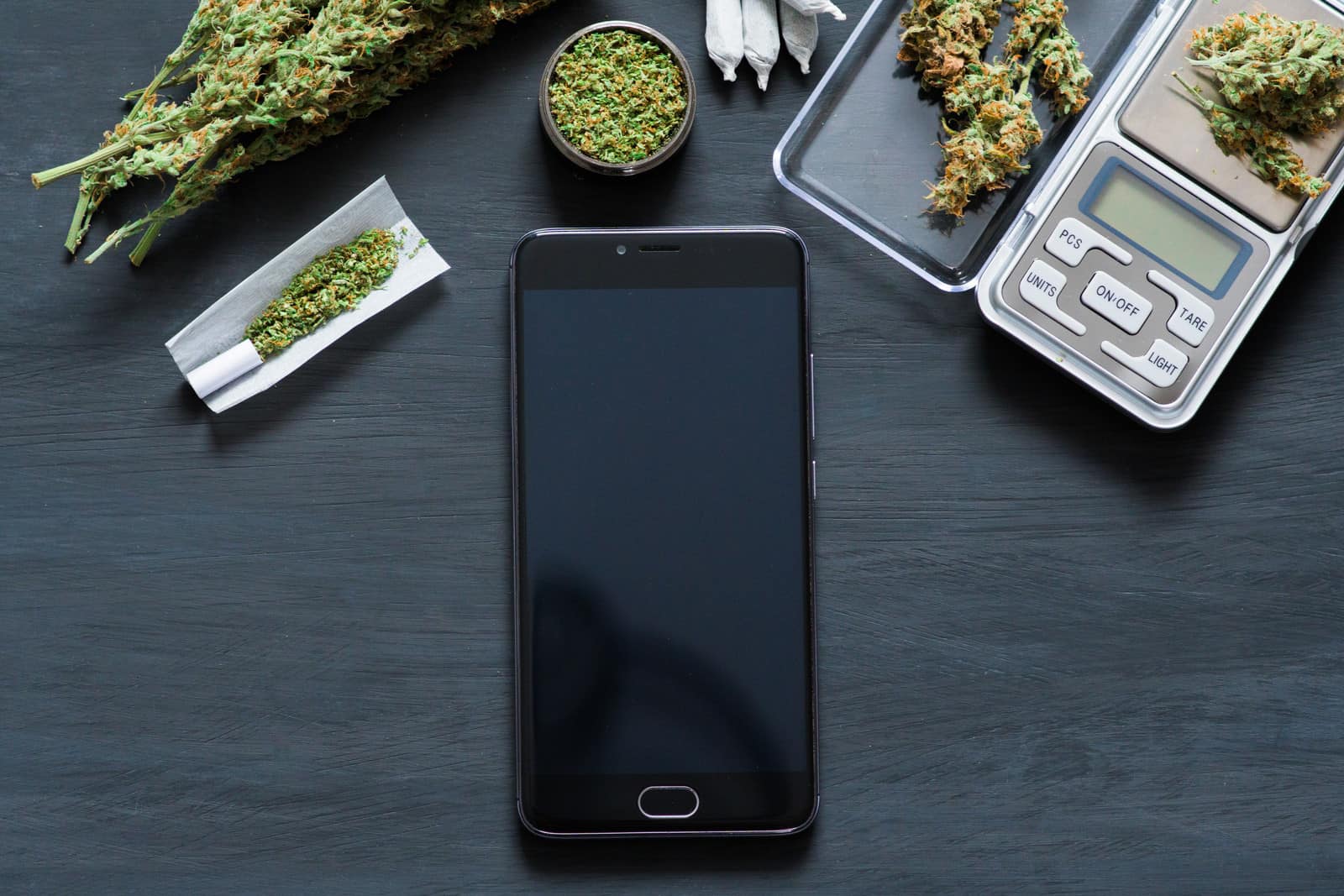 The truth About What It's Like To Be A Budtender. Cellphone surrounded by different types of weed.