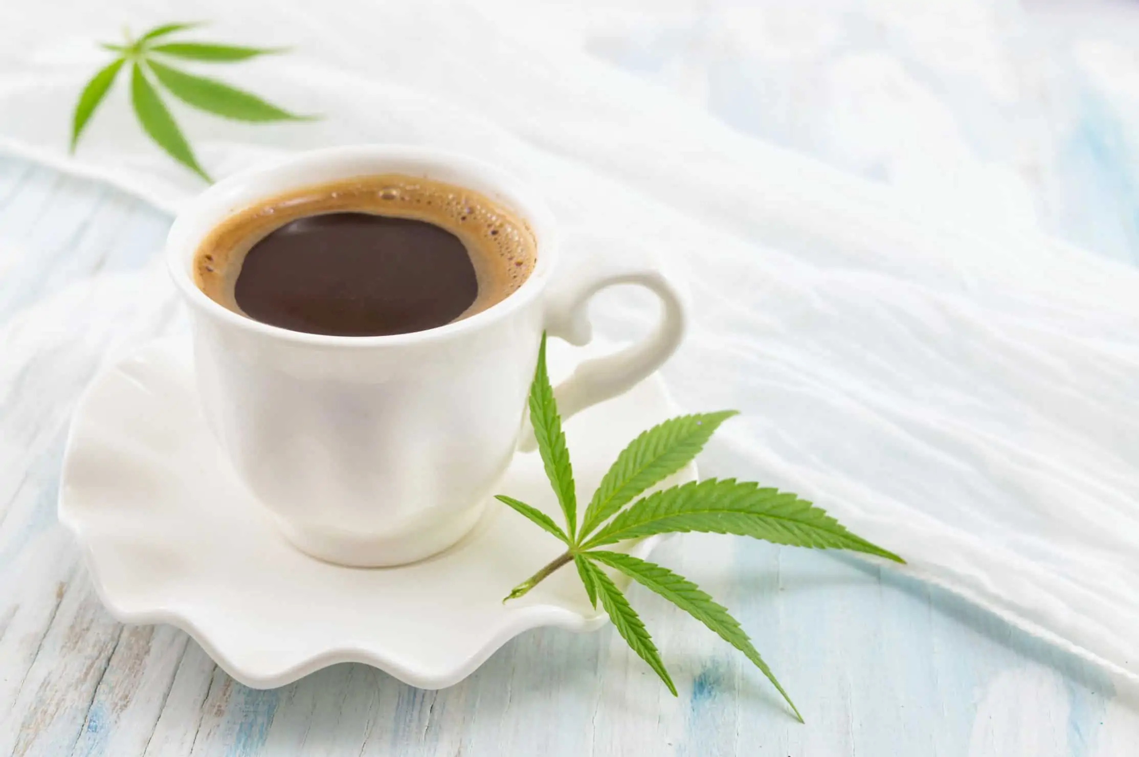 Does coffee affect a marijuana high? Cup of coffee with marijuana leaves
