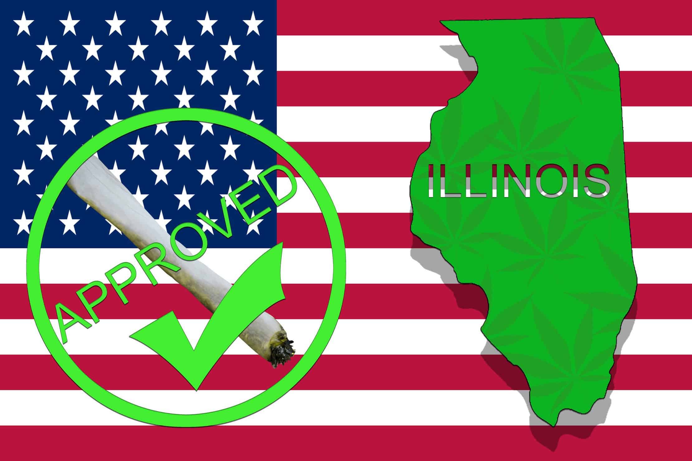 A Look At Recently Expanded Medical Marijuana Laws in Illinois. US flag with Illinois map on it.