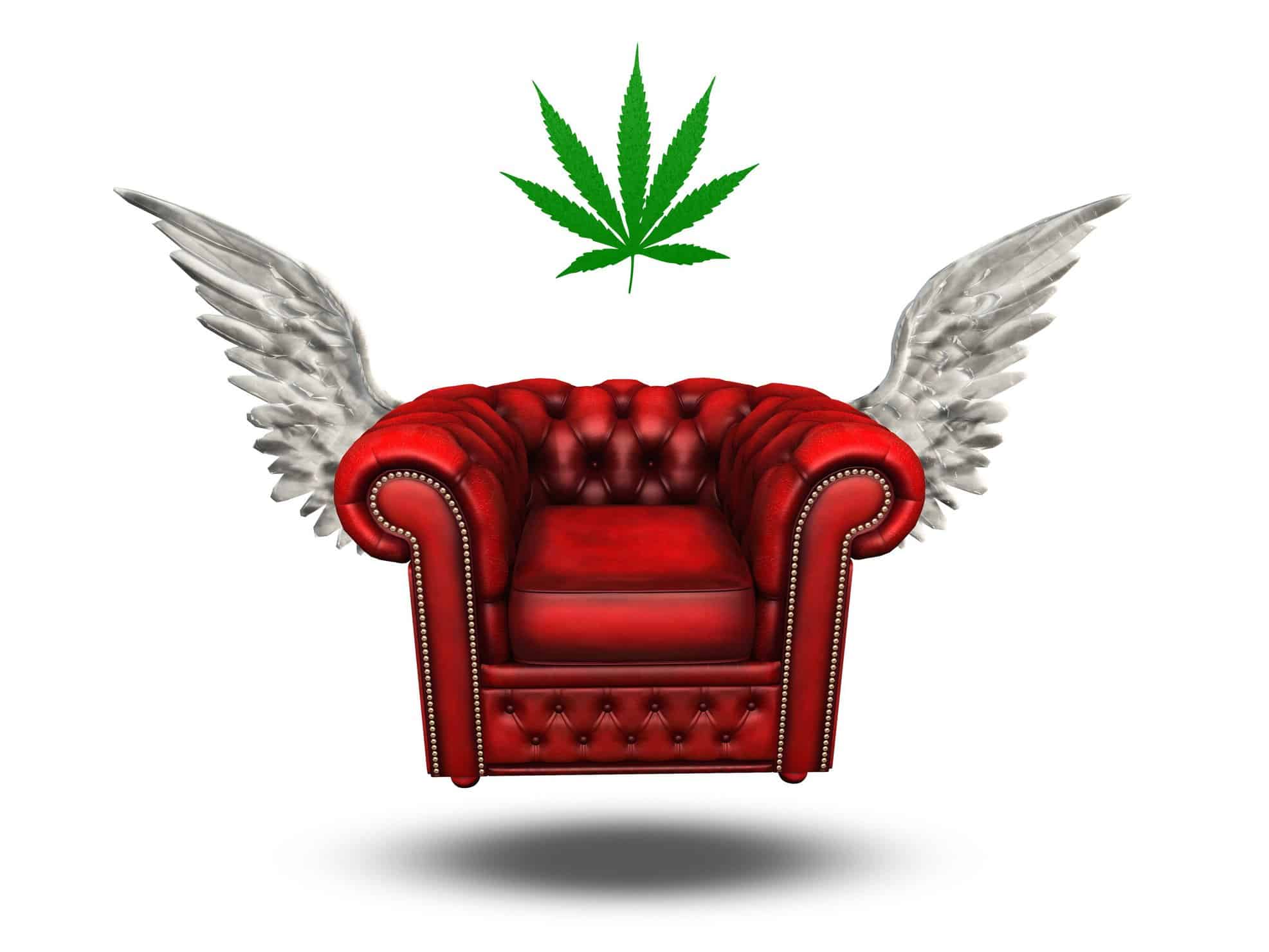 Legal Marijuana Lounges Poised to Open in More Areas. Red chair with wings and a cannabis leaf.