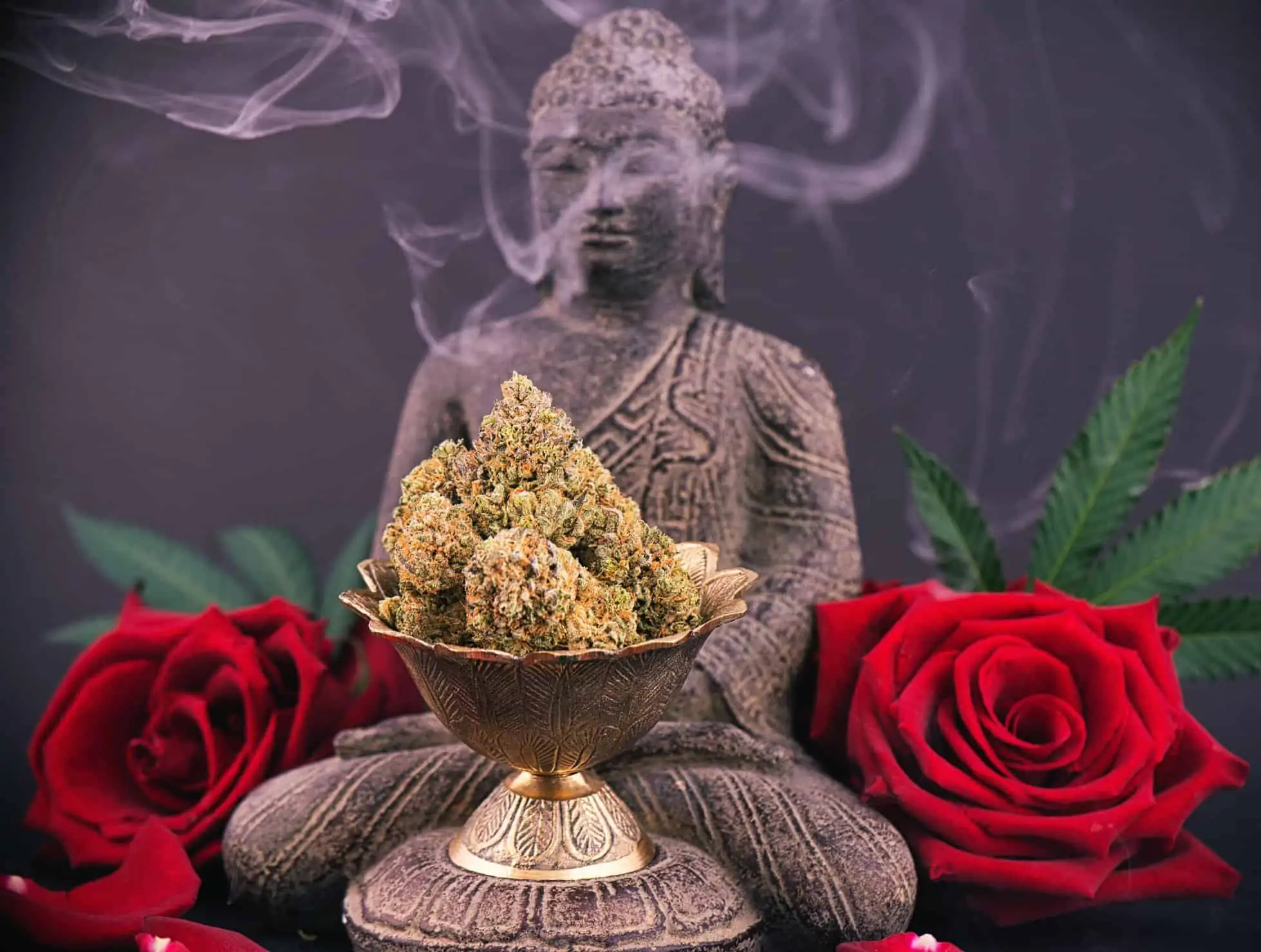 Benefits of Consuming Cannabis While Meditating. Buddha with marijuana and roses.
