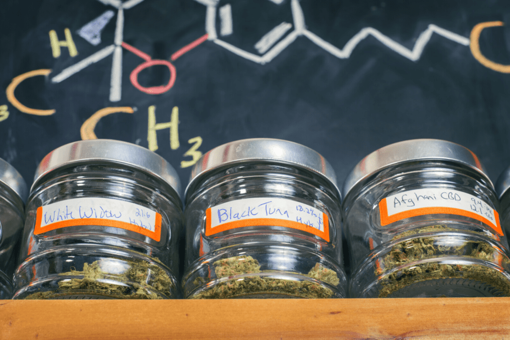 How to Get Shelf Space in California Marijuana Dispensaries. 3 jars with weed buds.