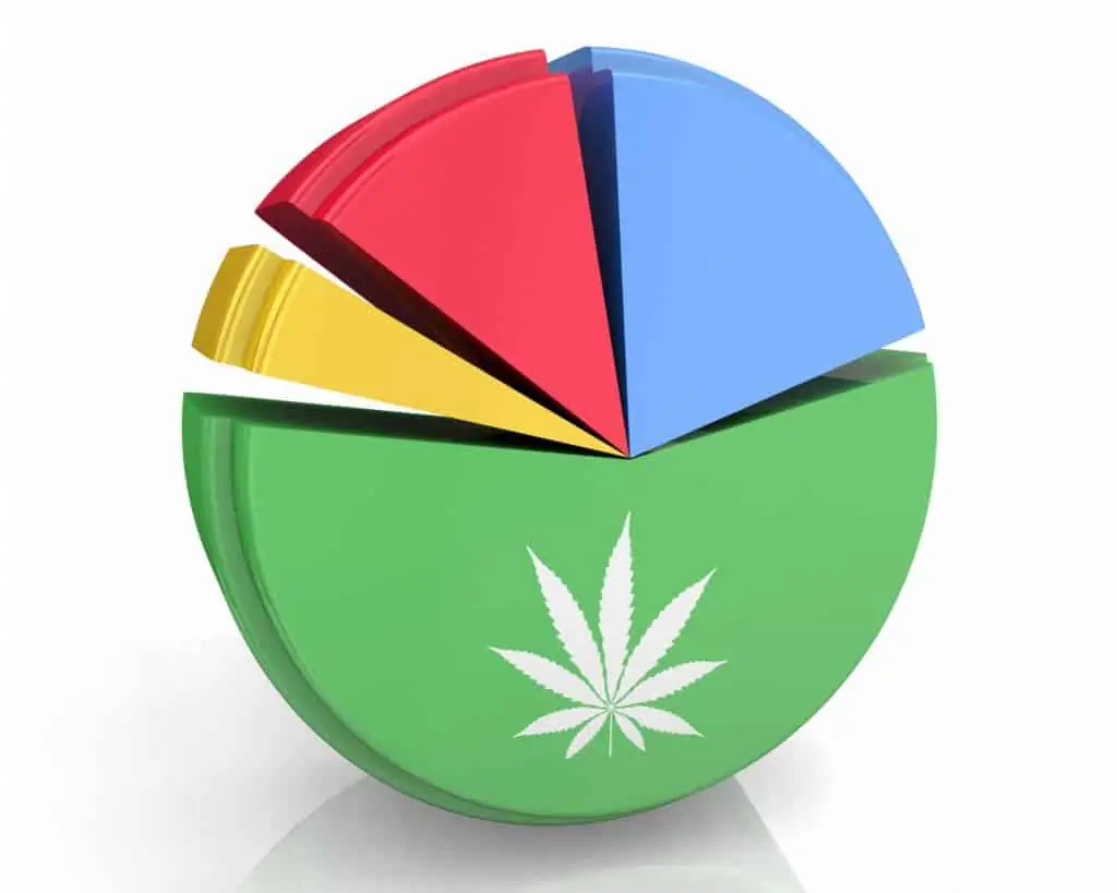 A pie chart with a cannabis leaf on it. Demographics of cannabis consumers 2019