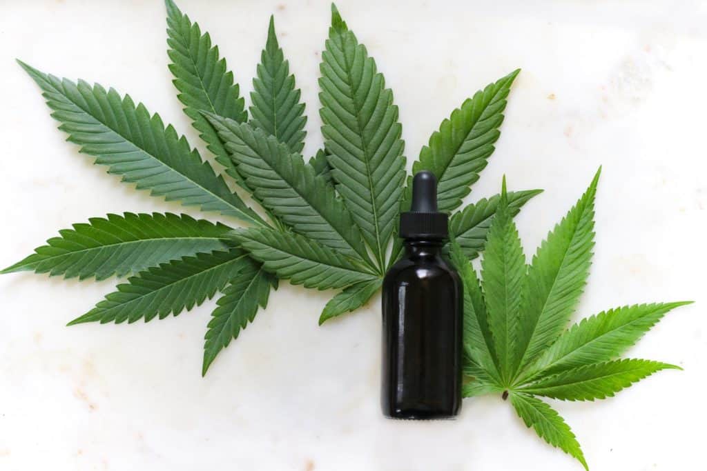 Cannabis essential oil with marijuana leaves