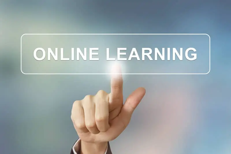 finger touching a screen saying online learning, Maine cannabis college