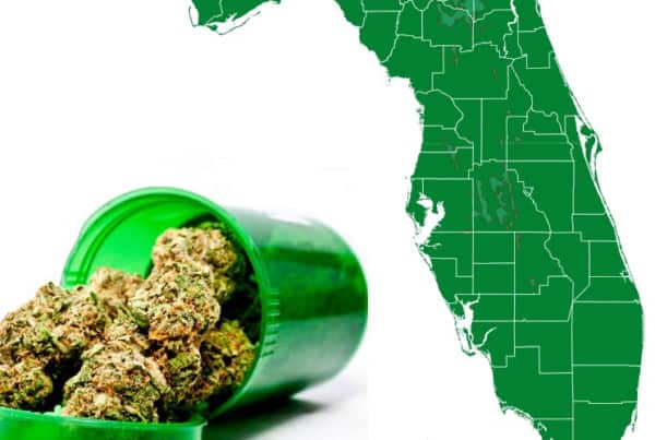 How to Get a Medical Cannabis Card in Florida. Map of Florida with weed next to it.