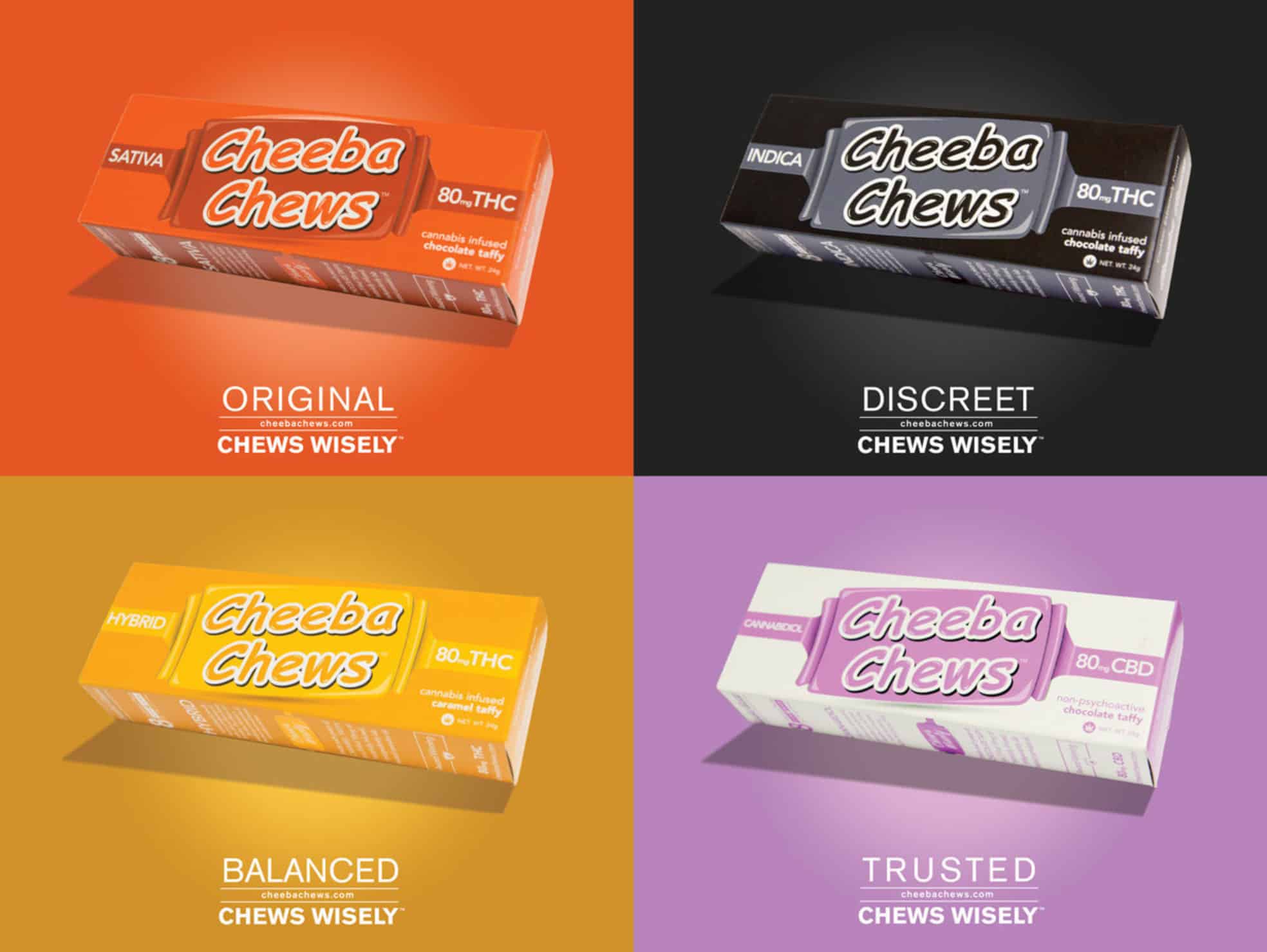 Cheeba Chews Product Overview. Four cheese chews flavors.