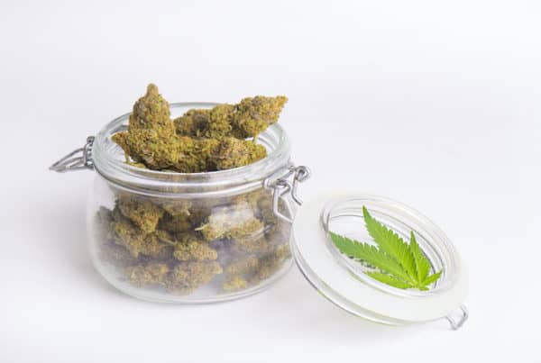 Mankind Dispensary marijuana in a glass jar with a pot leaf.