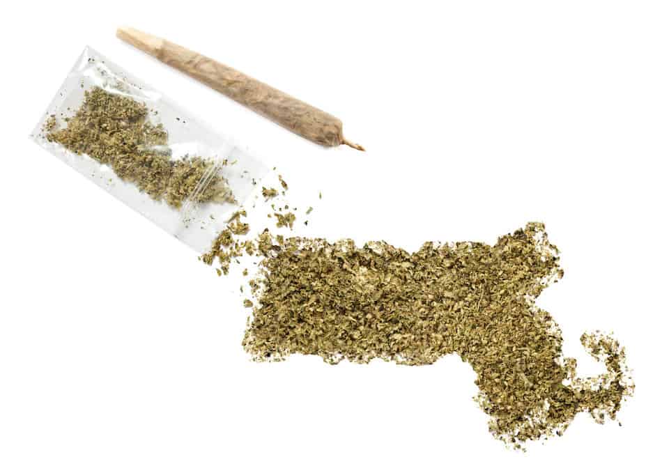 Weed from dispensaries in Massachusetts in the shape of Massachusetts with a joint.