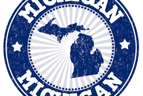Michigan Recreational Dispensary sign with map of the state in blue.
