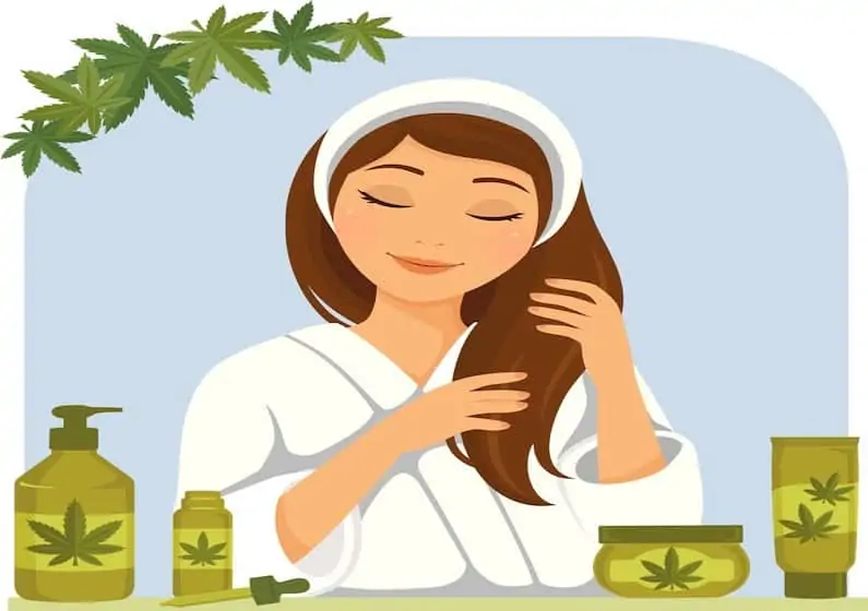 Women using CBD shampoo in her hair surrounded by cannabis products.