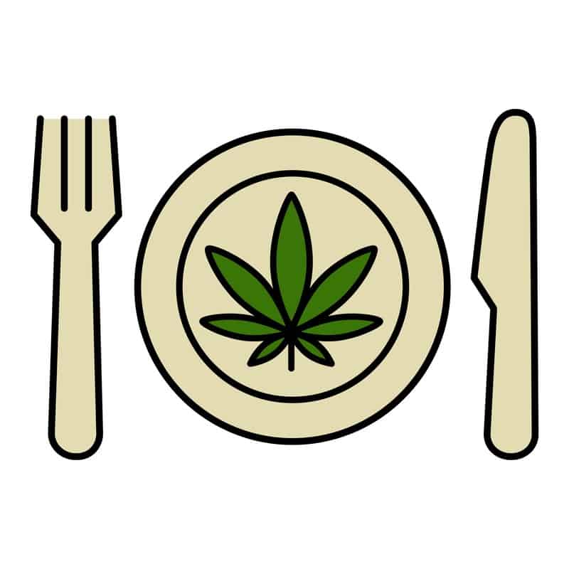 Fork and knife with cannabis leaf on a plate for a cannabis recipe.