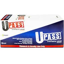 UPass Synthetic Urine packaging on white surface.