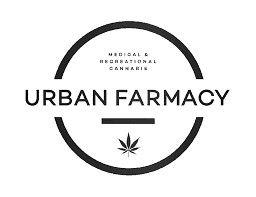 Oregon weed shop Urban Farmacy's logo in black and white.