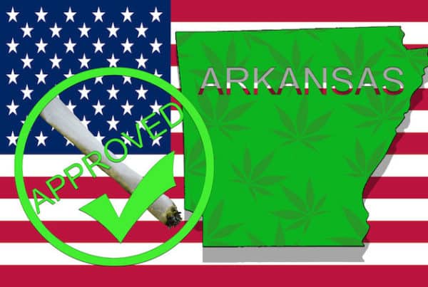 Arkansas Medical Marijuana Sales approved with US flag.