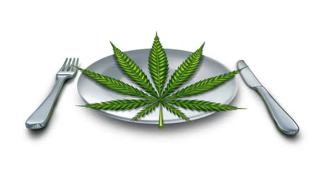 Cannabis edibles or marijuana edible snack on a dinner plate with a leaf representing hemp herbal food infused with psychoactive medicinal ingredient with 3D illustration elements.
