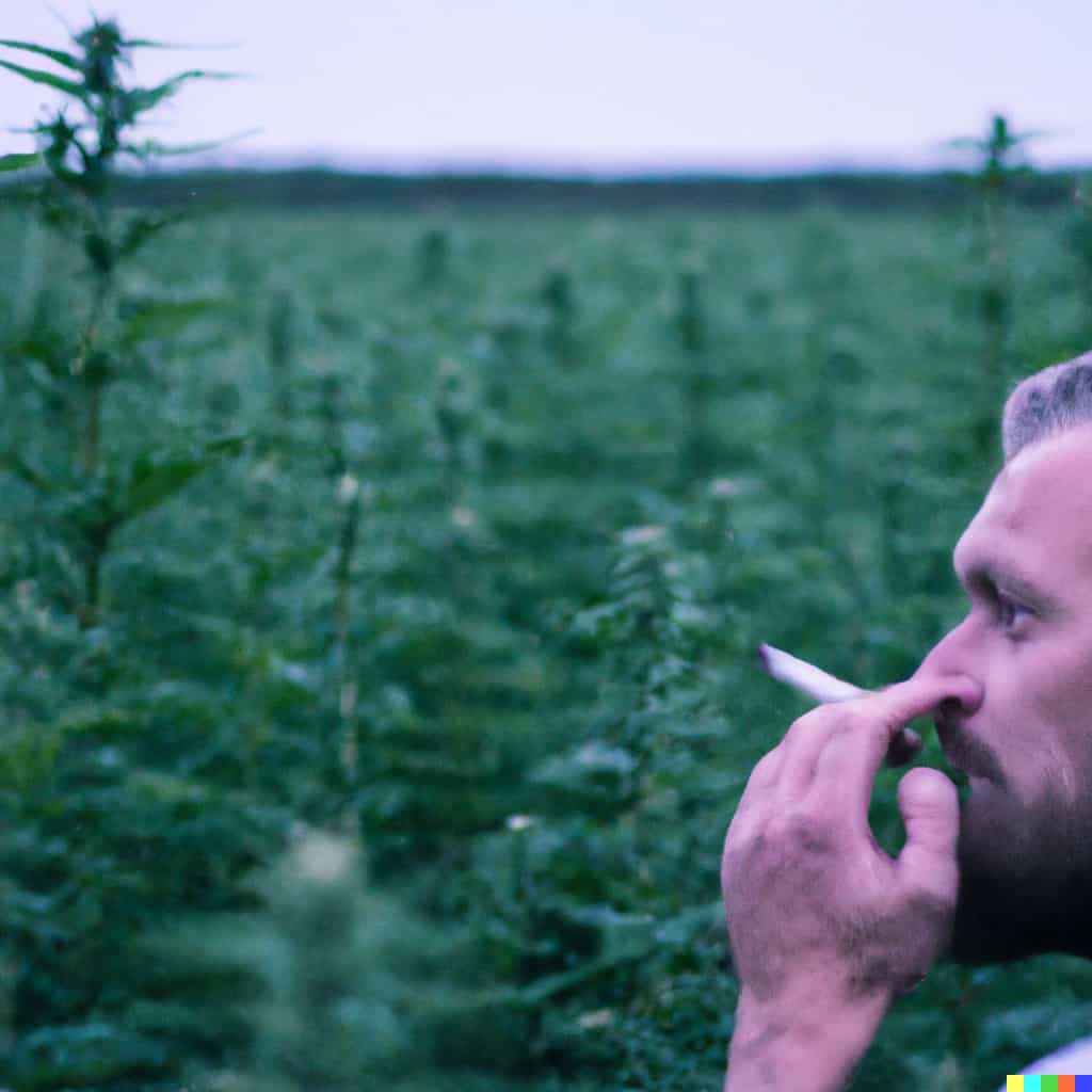 a man smoking a hemp cigarette in a field of hemp