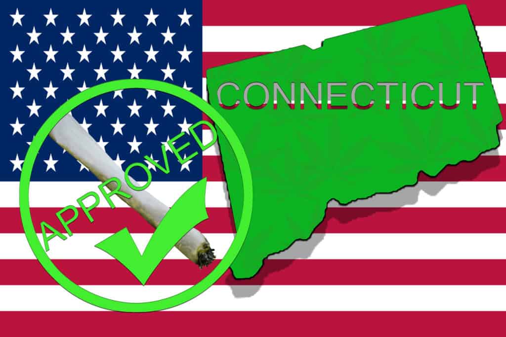 US flag with connecticut outline and an approved checkmark, connecticut has legalized adult-use cannabis