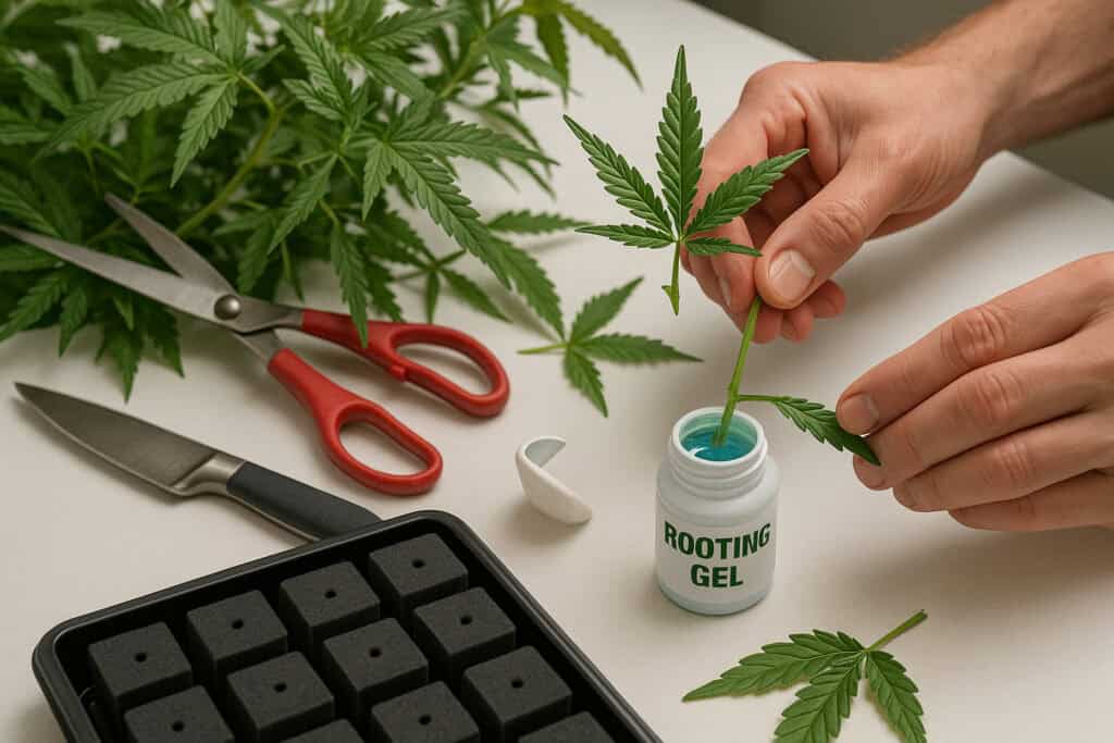 how to clone cannabis. a person dips a cannabis clone into rooting gel on a table with scissors and young cannabis plants