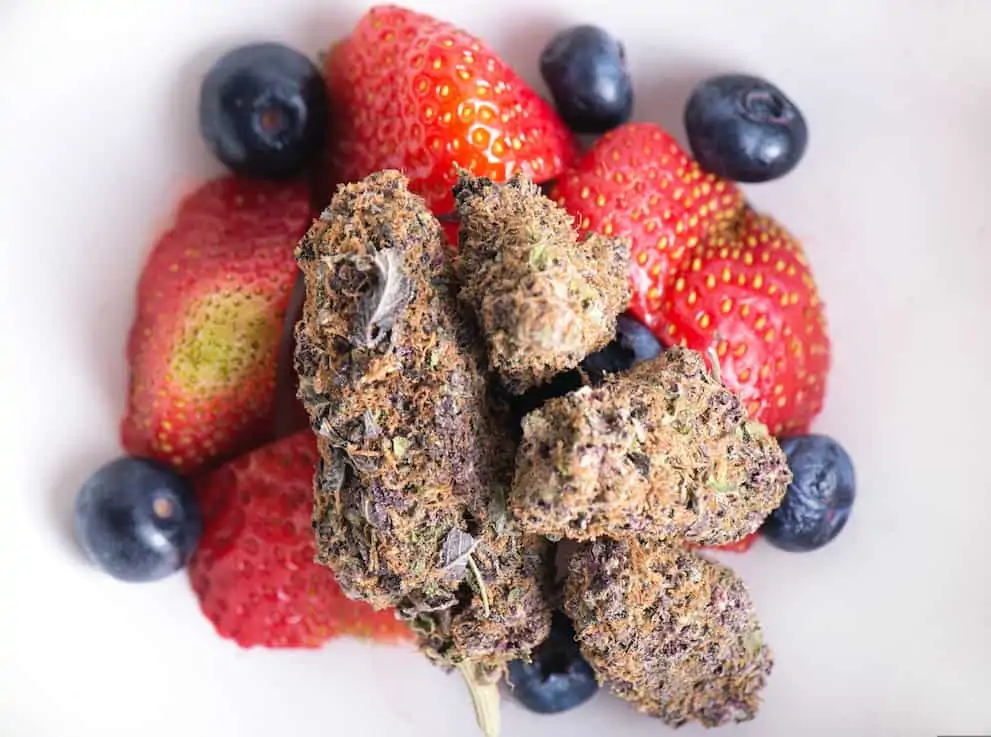 Detail of dried cannabis buds with fresh fruit, crunch berry strain