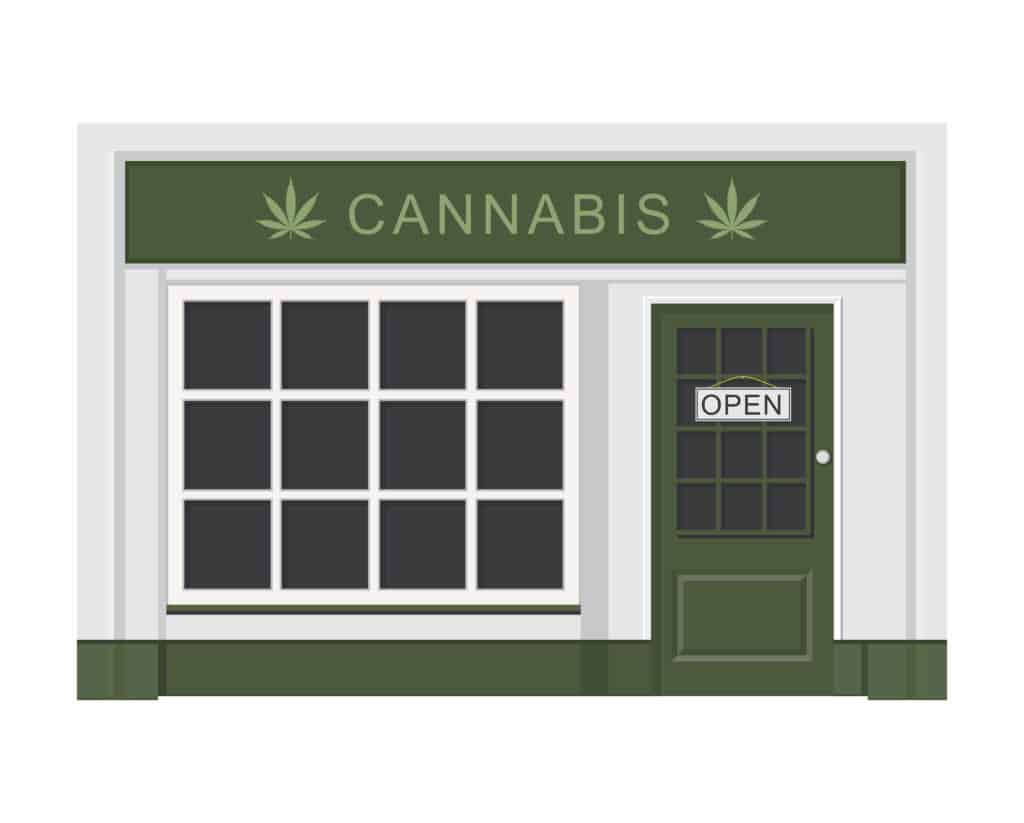 illustration of cannabis storefront on white background, do dispensaries track how much you buy