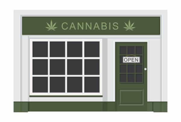 illustration of cannabis storefront on white background, do dispensaries track how much you buy