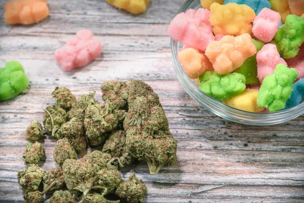 Medical Cannabis Infused Gummies next to cannabis bud