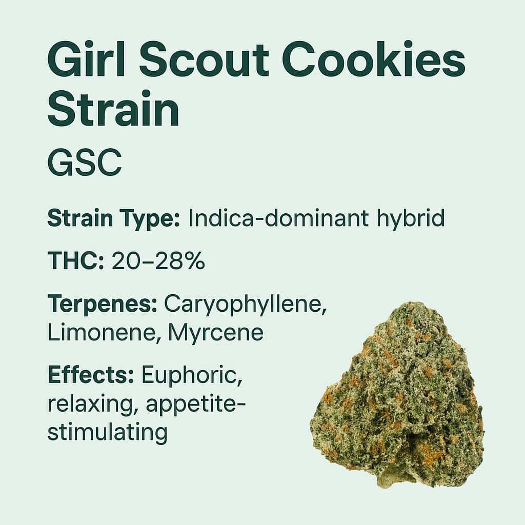 Girl Scout cookies strain chart. GSC strain chart-type, thc percentage, terpenes, effects