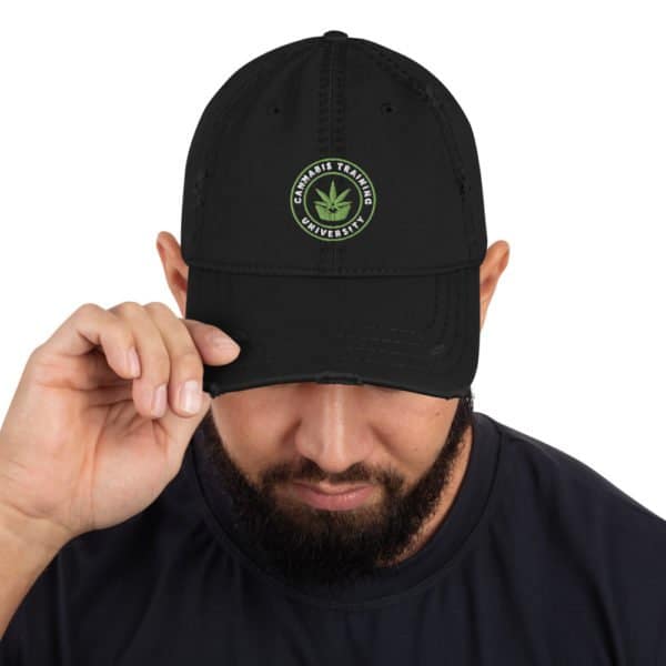 A man wearing a Distressed Dad Hat with a cannabis leaf on it.