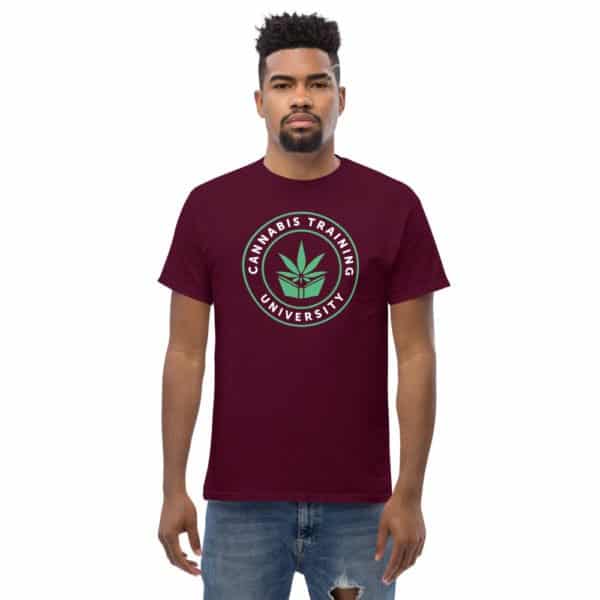 A men's heavyweight tee with a cannabis leaf on it.