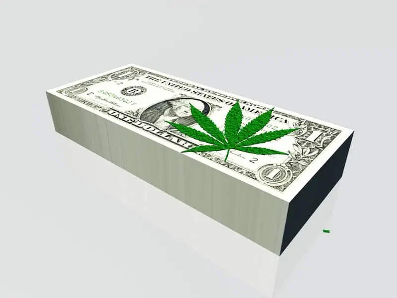 stack of ones with a cannabis leaf on it, marijuana banking