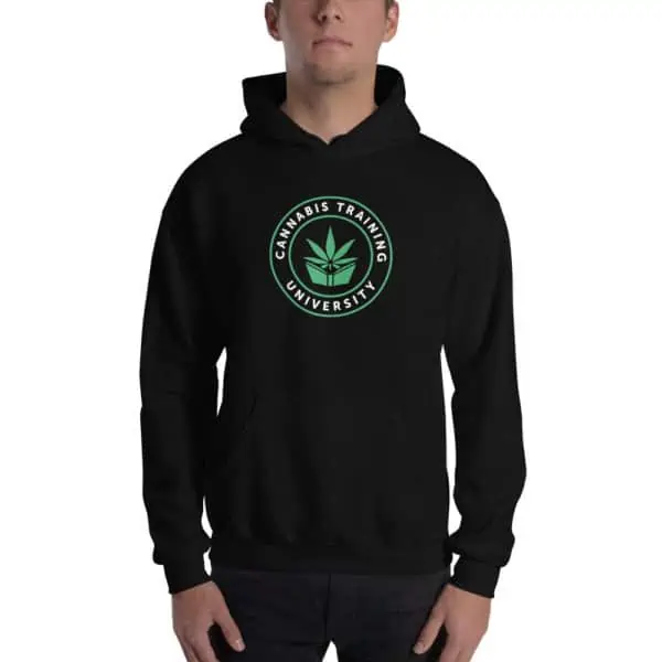 cannabis training university hoodie. man in a weed hoodie. 420 clothing.