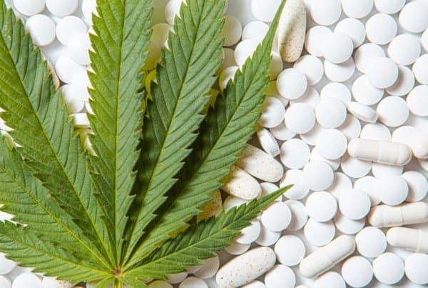 cannabis leaf on top of white pills, Wellbutrin and marijuana