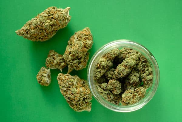 cannabis buds in a glass jar isolated over white, hardcore og strain