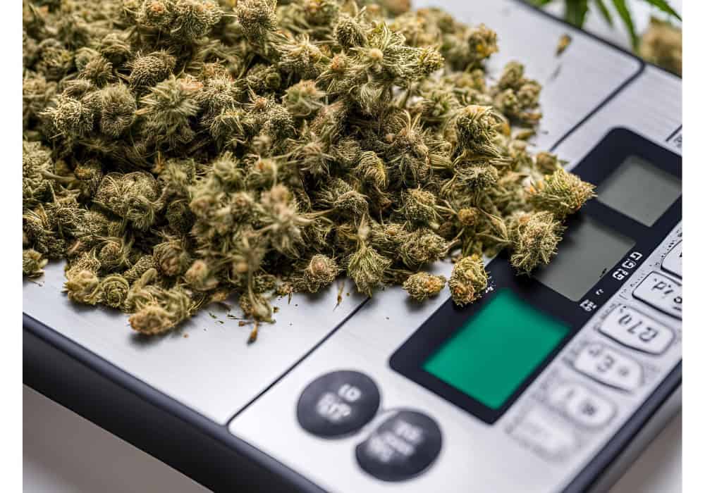 a scale with cannabis flower on it