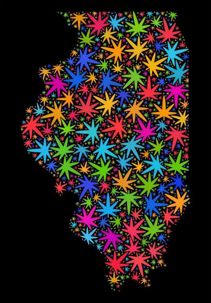 Is weed legal in Illinois? Illinois state map covered with cannabis leaves. 