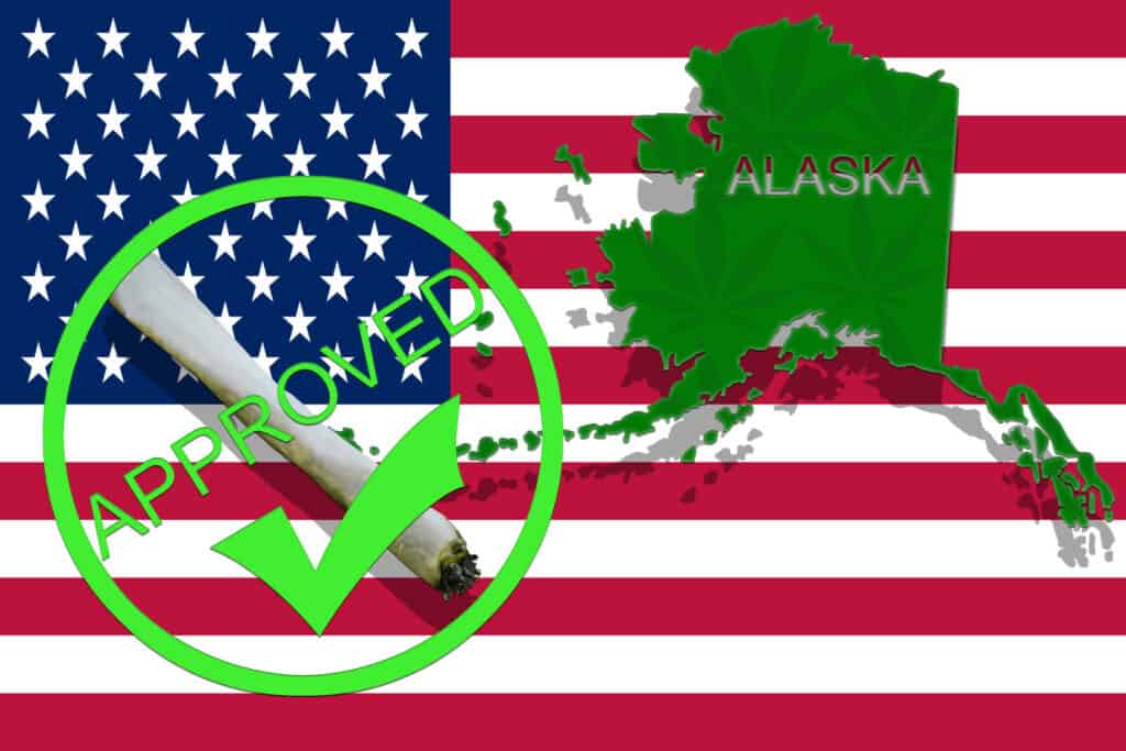 Is weed legal in Alaska? A map of Alaska with cannabis on it and an approved checkmark.
