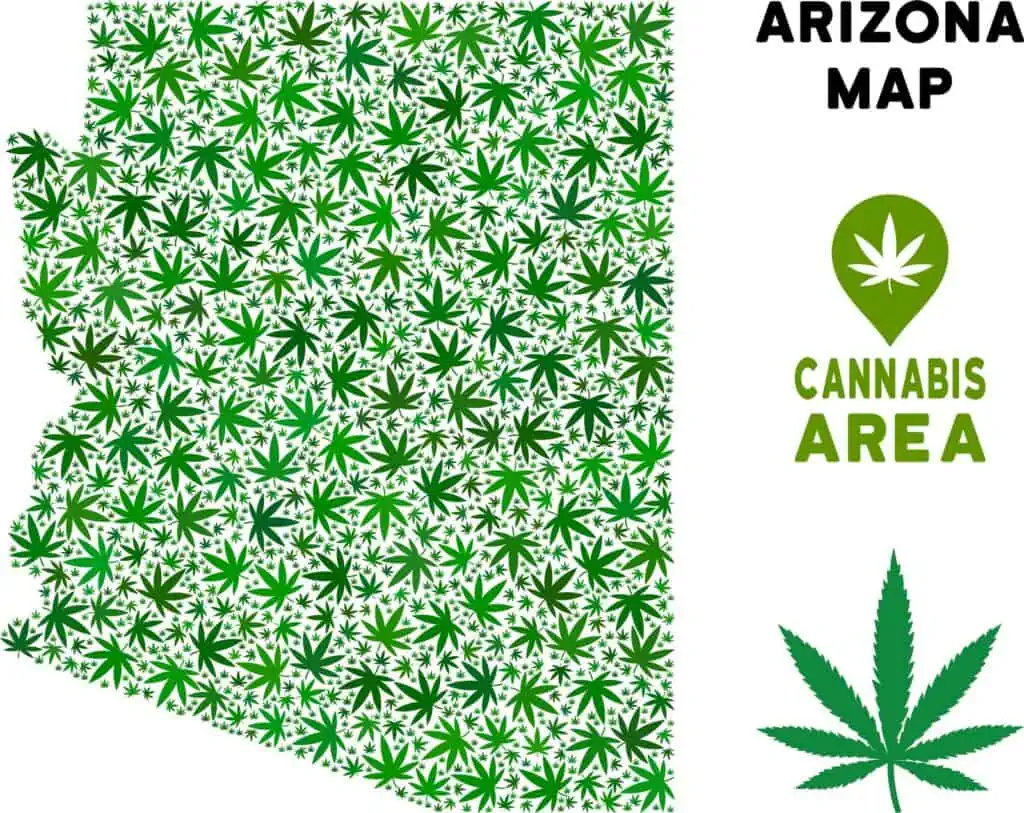 Is weed legal in Arizona? Arizona state map with weed leaves all over it. 