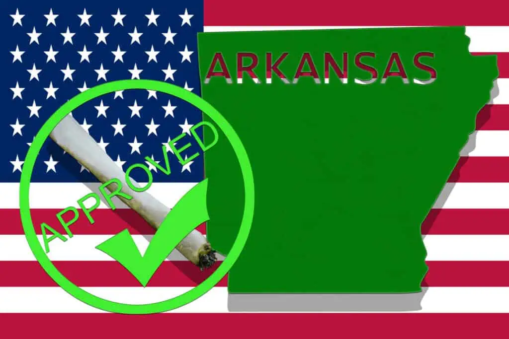 Is weed legal in Arkansas? A state flag of Arkansas with approved for cannabis checkmark and a joint of weed. 