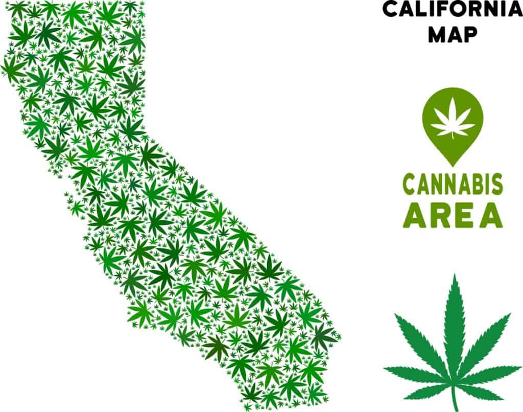 Is weed legal in California? California state map with cannabis leaves all over it. 
