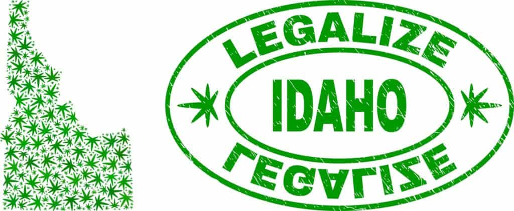 Is weed legal in Idaho? Idaho state map cover in weed leaves 