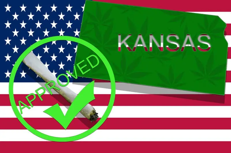 Is wed legal in Kansas? Kansas state flag with a joint and approved. 