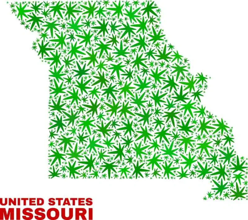 Is weed legal in Missouri? Missouri state map with cannabis leaves all over it. 