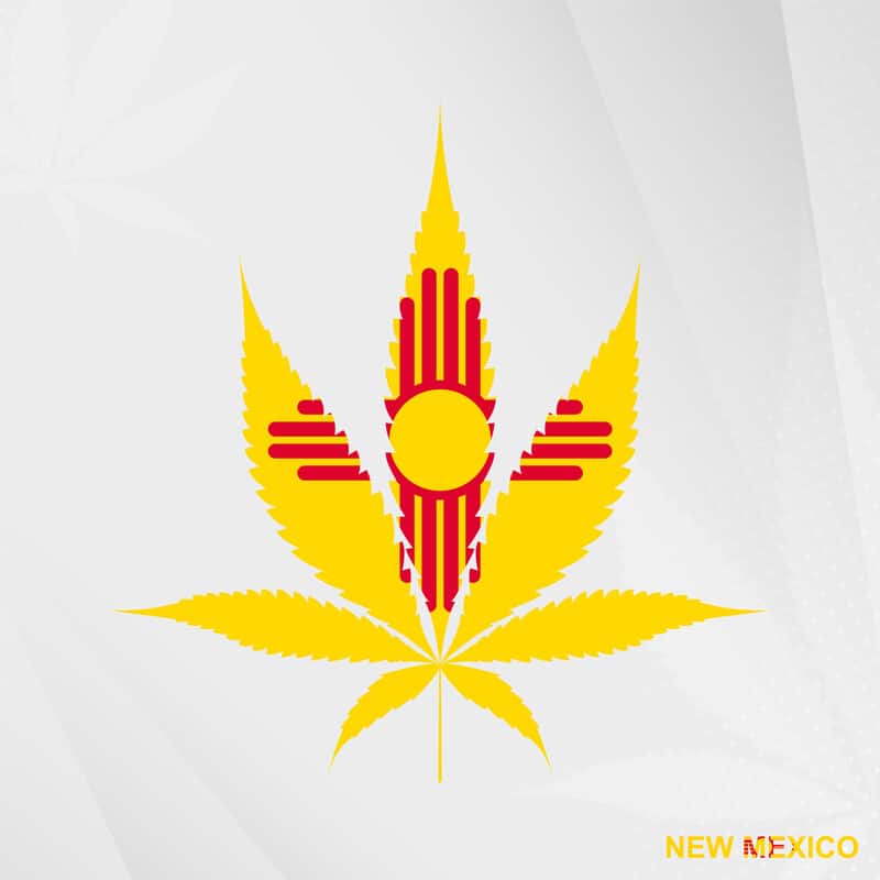 Is weed legal in New Mexico? New Mexico state map with a cannabis leaf. 