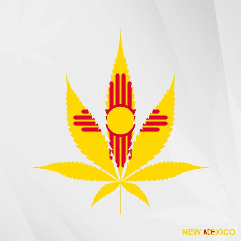 Is weed legal in New Mexico? New Mexico state map with a cannabis leaf. 