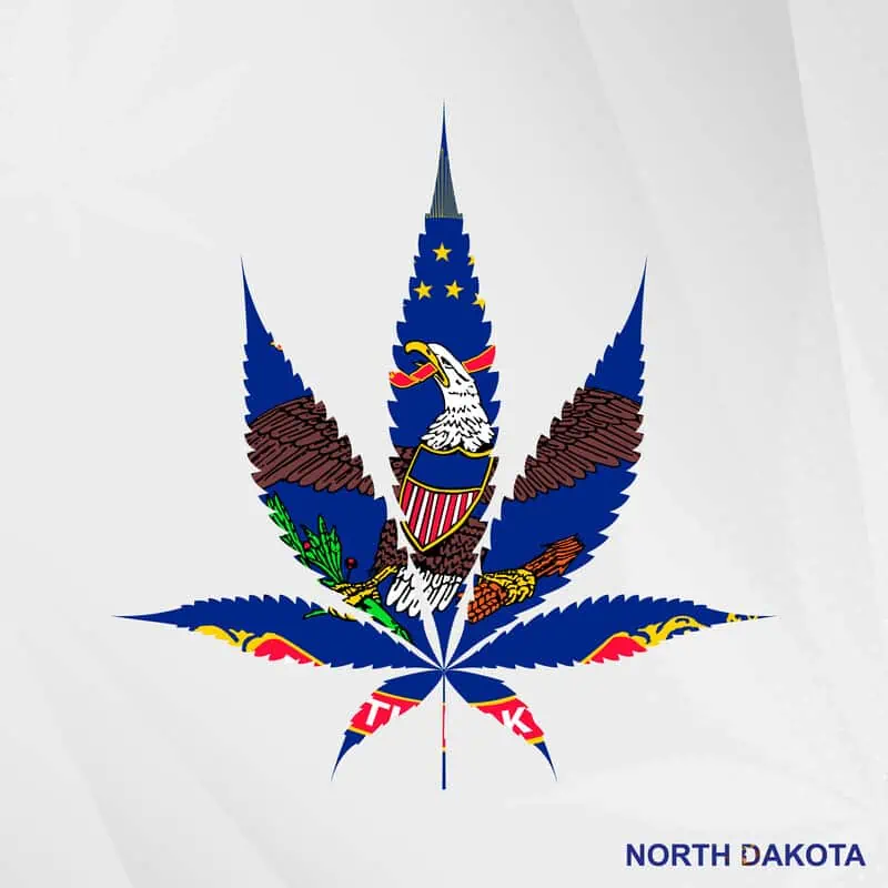 Is weed legal in North Dakota? North Dakota state map in a weed leaf form.